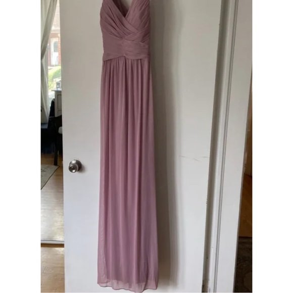 David's Bridal Quartz Long Mesh Criss Cross Back Bridesmaid Dress - Picture 4 of 13